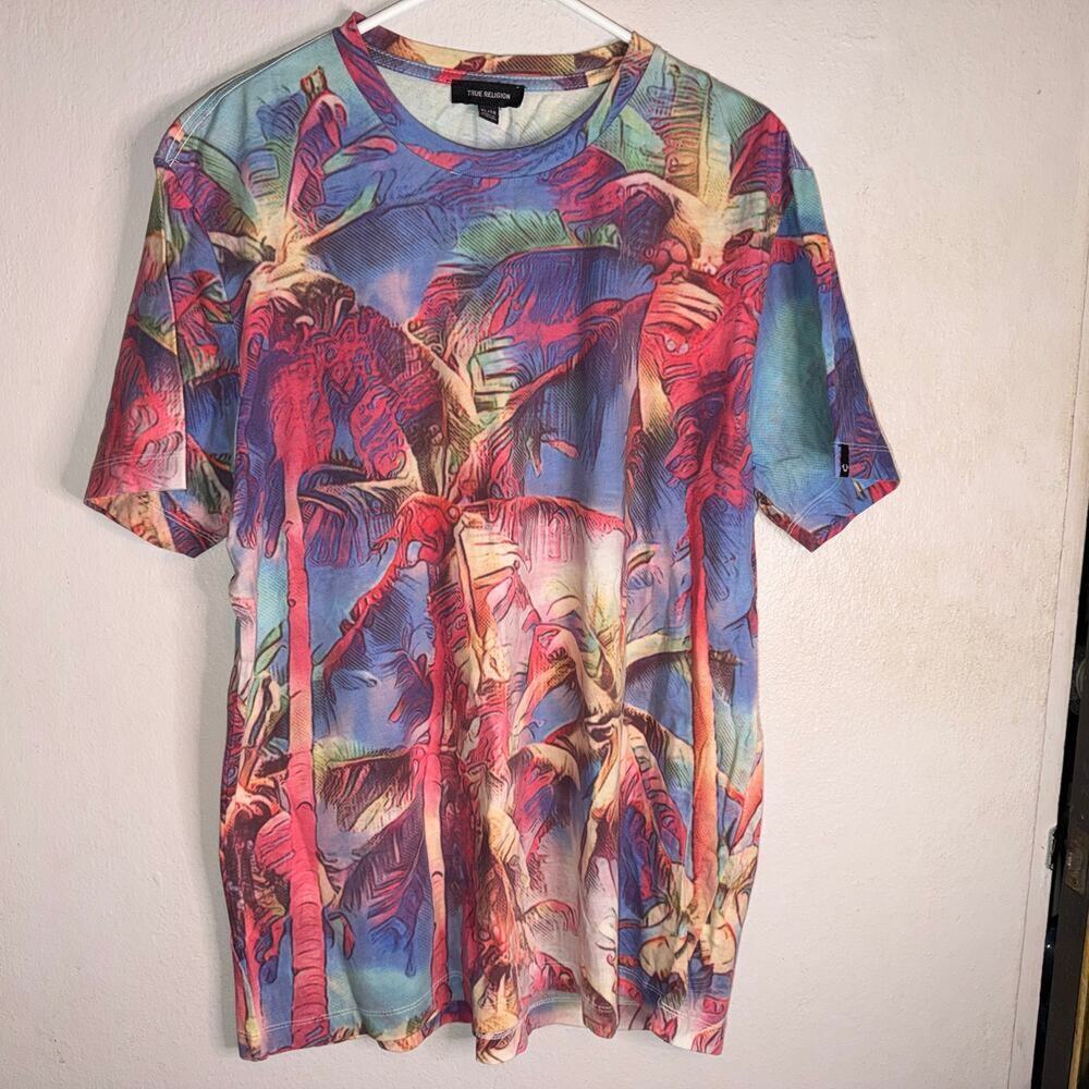 True Religion Mens Palm Tree All Over Print Tee XL Y2K